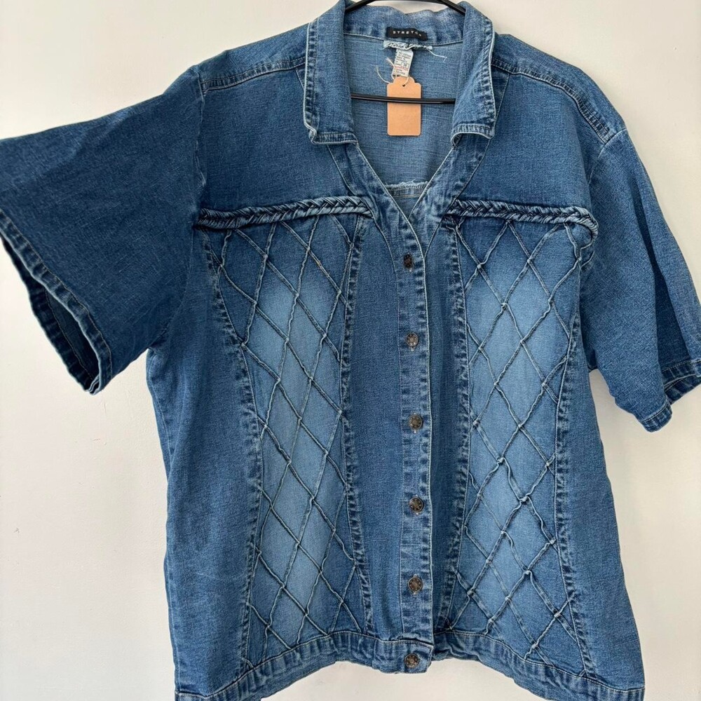Vintage Streetwear Men Wash Denim Short Sleeve Quilted diamond pattern Shirt 2X